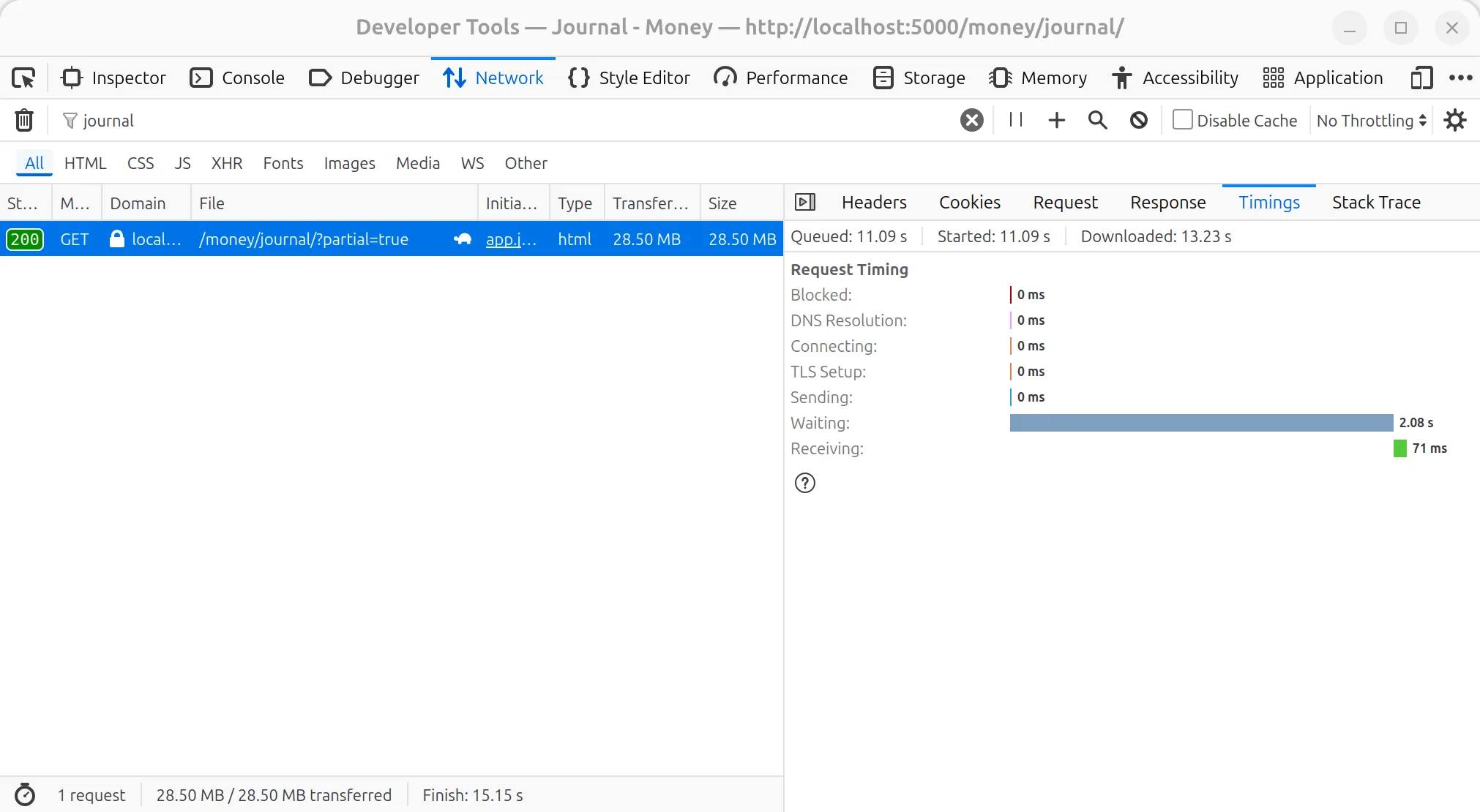 Screenshot of a browser Developer Tools&#x27; Network panel. There is a single request in the list for journal page with Size column being 28.50MB. Timings panel is open on the side, and it shows Waiting taking 2.08s while all other phases are negligible.